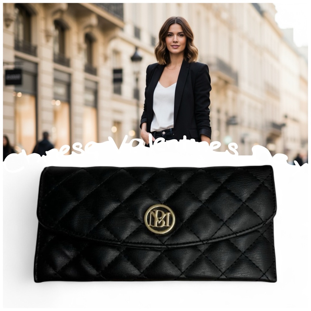 Studio Badgley Mischka Diamond Quilted Vegan Leather Clutch Long Wallet BLK